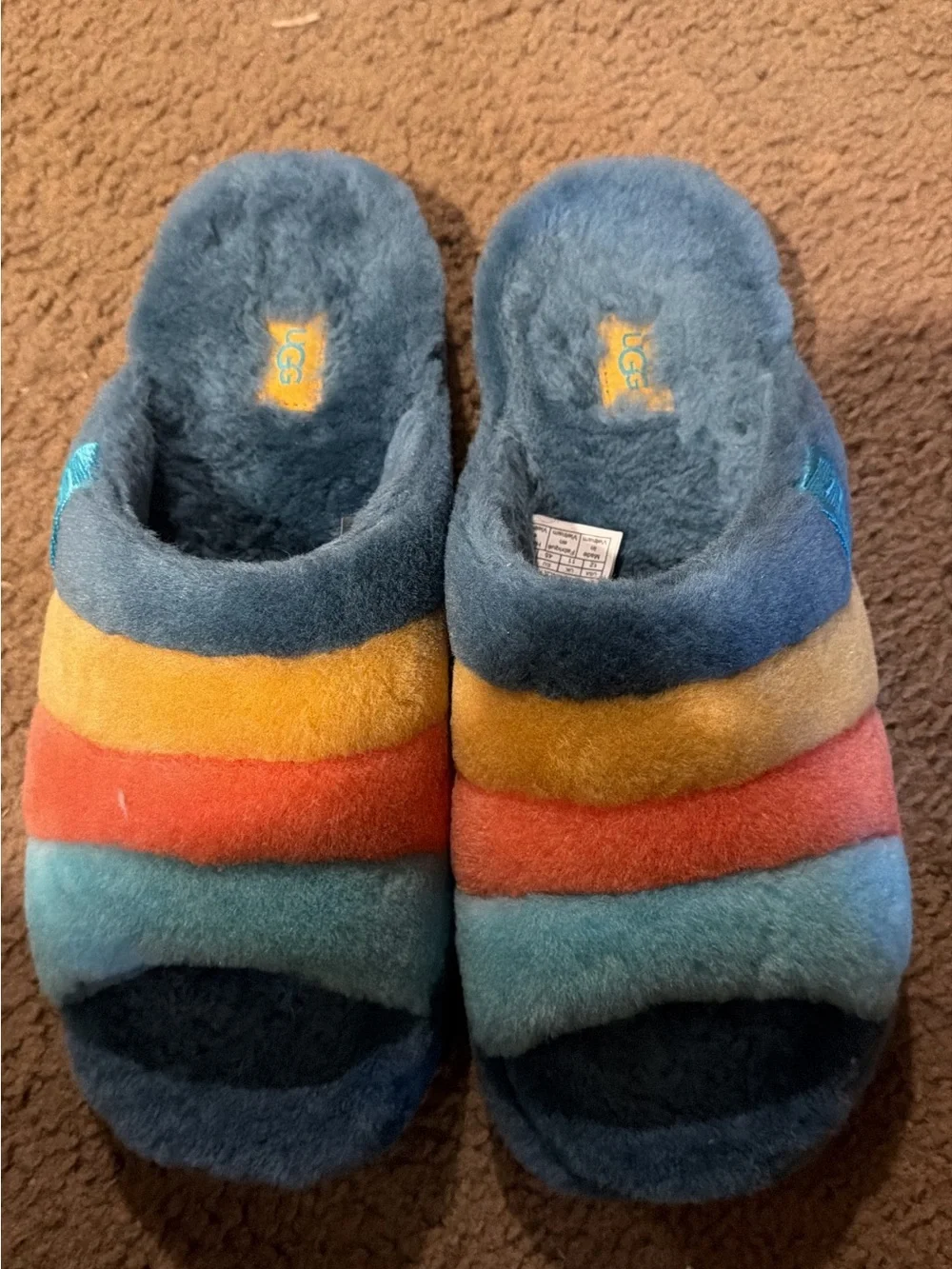 UGG Kids Multicolor Fuzz Slide - Blue/Yellow/Coral/Turquoise